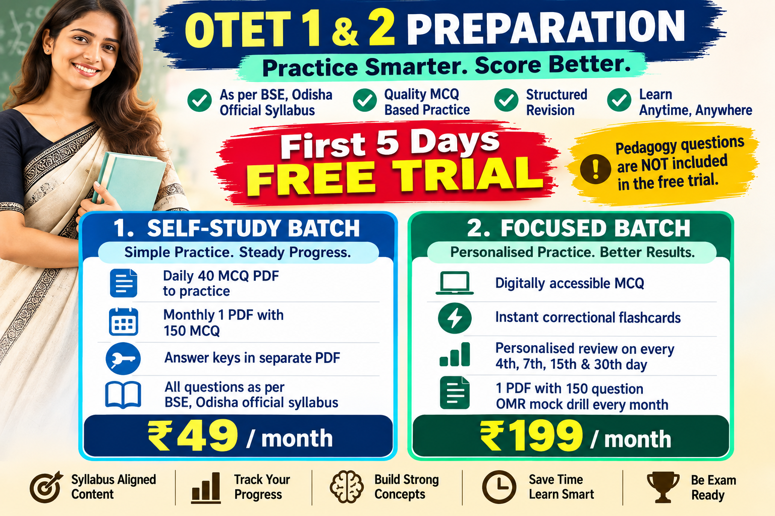 OTET 1 & 2 batches — Self-Study ₹49/month and Focused ₹199/month, first 5 days free trial